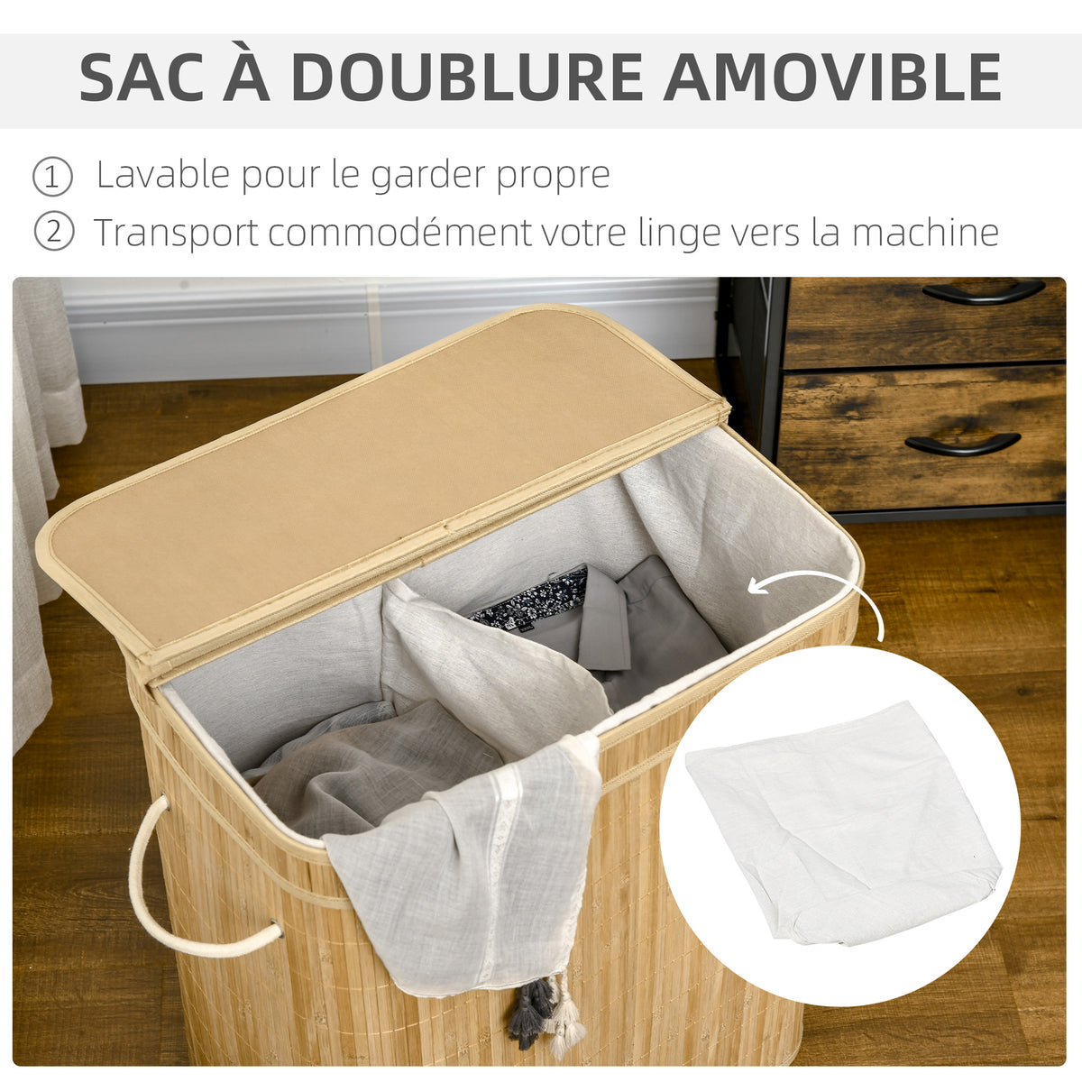 Panier à linge en bambou avec couvercle et poignées capacité 90 litres avec 2 sections et un sac amovible en tissu - 54,2 x 35,2 x 59,5 cm-4