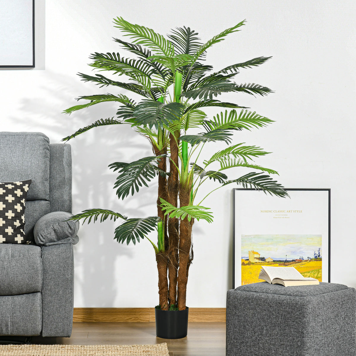 Palmier Artificiel H.1,6 m Arbre Artificiel Tronc Branches Lichen Feuilles Grand réalisme Pot Inclus-1