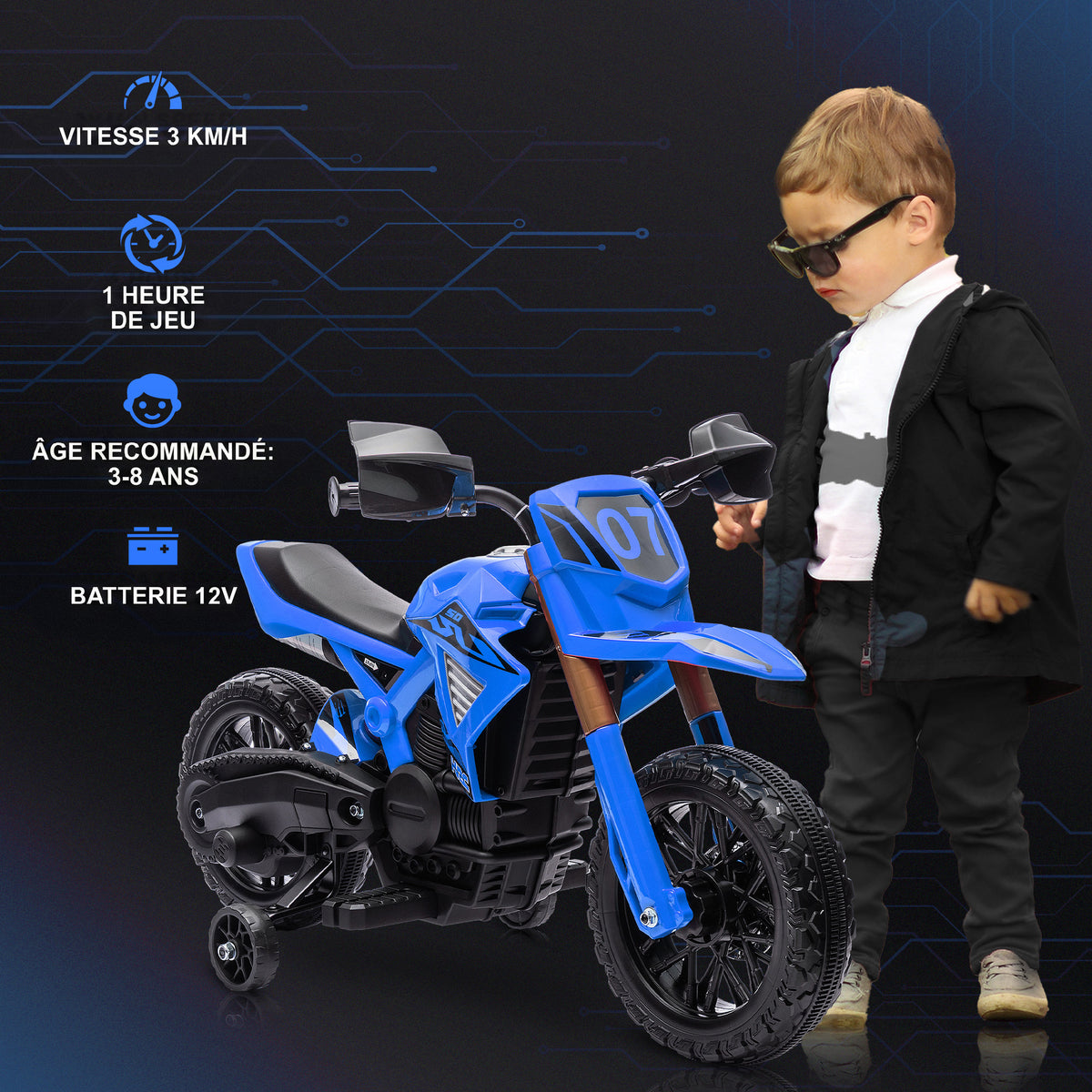 Moto cross électrique pour enfants 3-8 ans, batterie 6 V, 2 moteurs, klaxon et roues d'entraînement, charge 30KG, bleu