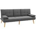 Canapé convertible 3 places, canapé-lit rembourré avec dossier réglable 3 niveaux, 2 coussins et 2 porte-gobelets intégrés, tissu de lin, pour salon, chambre d'amis, petit espace, gris foncé-0