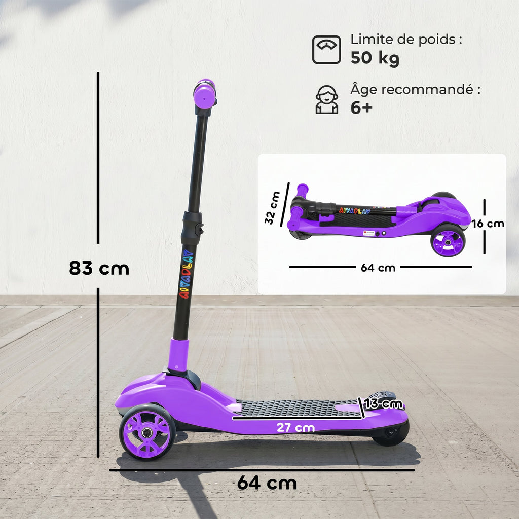 Trottinette électrique pour enfant 6 à 10 ans, pliable 3 roues démarrage zéro, vitesse maximale 8 km/h 64x29x83cm violet-2