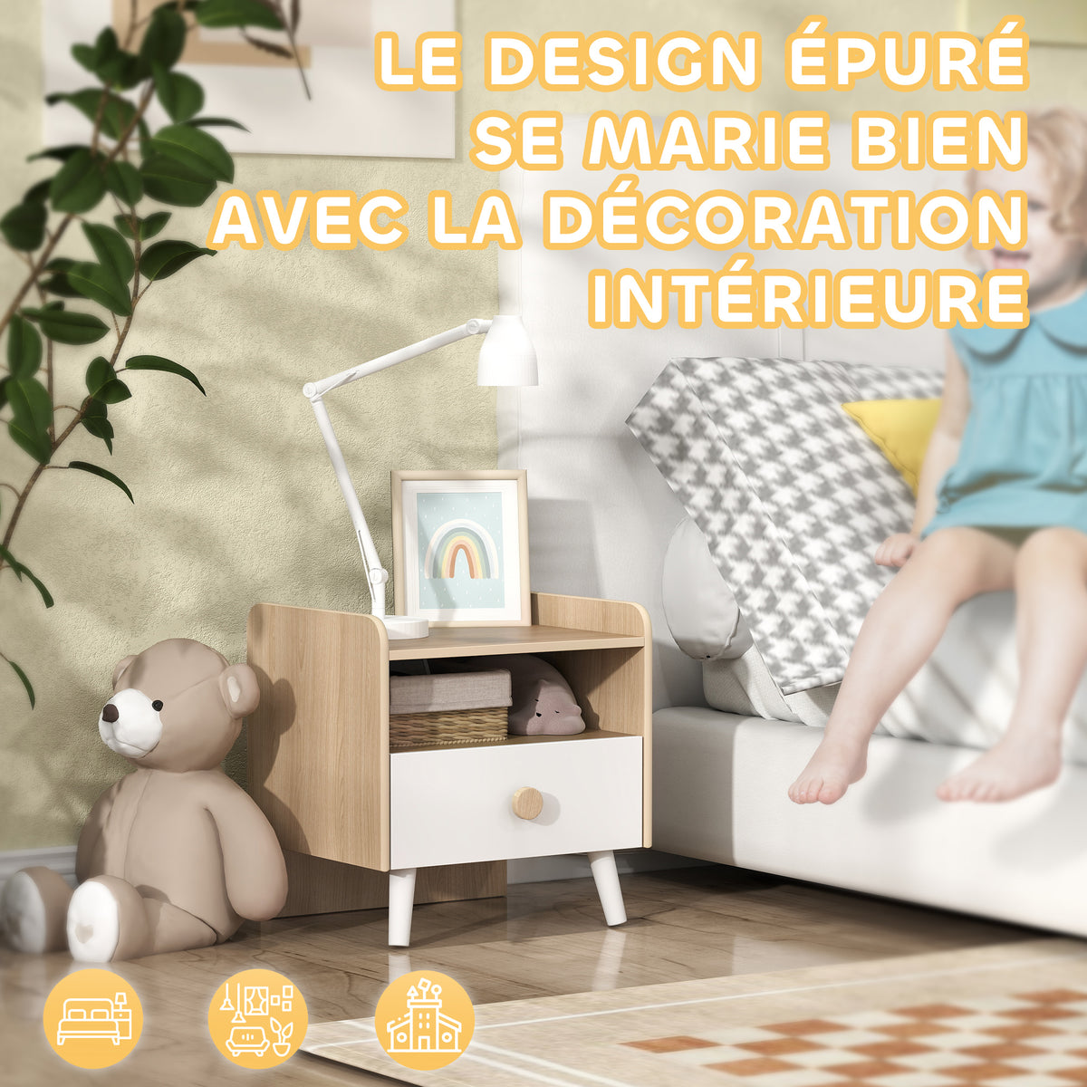 Table de chevet enfant table de nuit enfant avec tiroir et niche, petite table d'appoint en bois pour chambre d'enfant-4