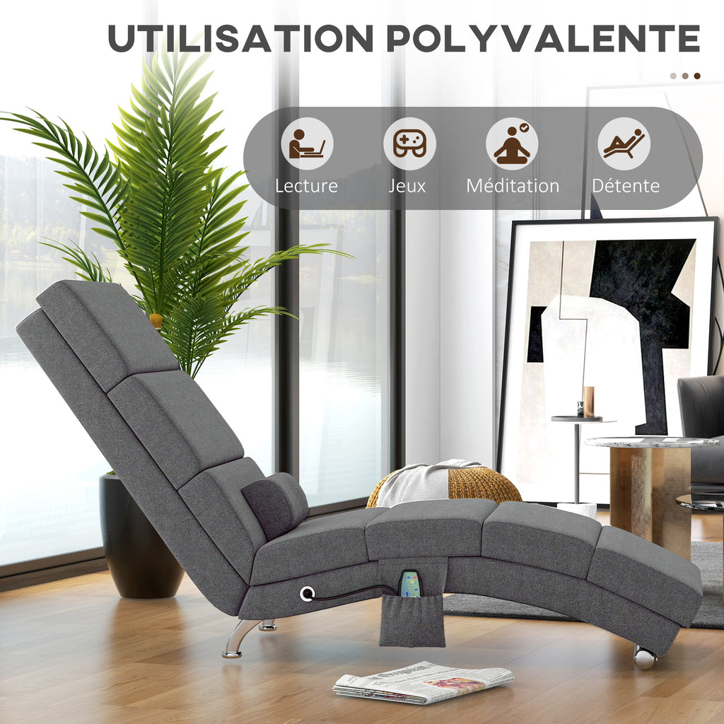 Fauteuil relax salon fauteuil de massage et chauffage meridienne avec télécommande et oreiller, tissu effet lin, gris