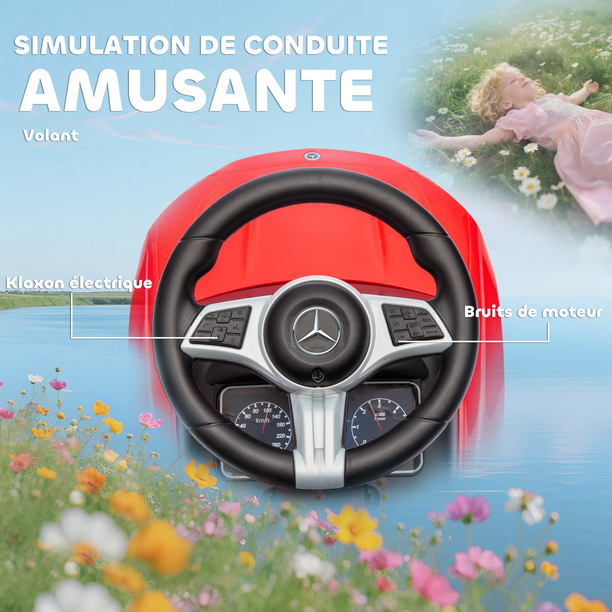 Porteur enfants Mercedes-Benz sous licence, porteur voiture à pousser avec poignée amovible, 91 x 40 x 83 cm, rouge