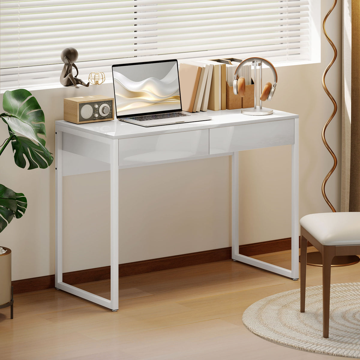 Bureau avec 2 tiroirs, table d'ordinateur 100 x 50 cm, bureau moderne pied en acier, pour petits espaces, blanc brillant-8
