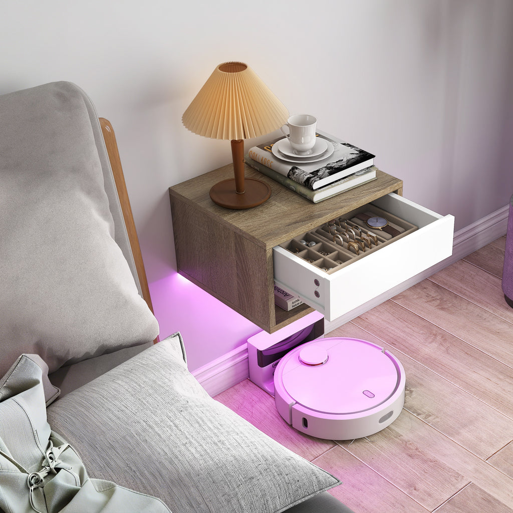 Lot de 2 tables de chevet suspendues avec éclairage LED RGB contrôle par application, étagère, tiroir, 37x32x21cm, teck-8