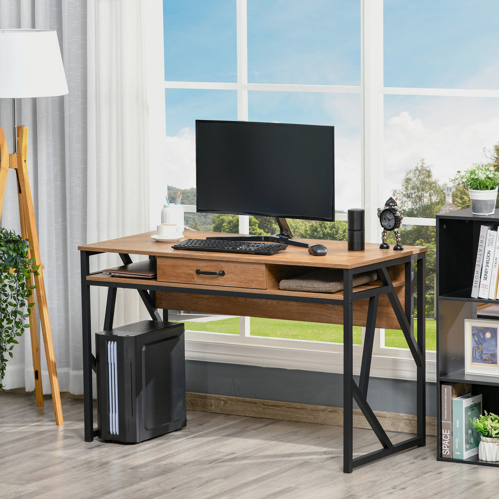 Bureau Style Industriel 120L x 60l x 76H cm tiroir + 2 niches piètement métal Noir Plateau, pour Étude, Aspect-1
