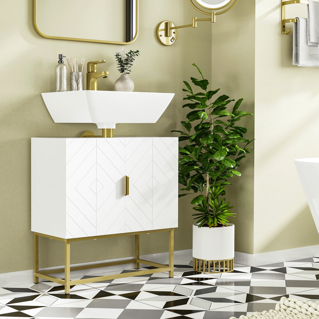 Meuble sous lavabo meuble de salle de bain avec placard double porte pieds en acier doré 60 x 30 x 65 cm blanc-9