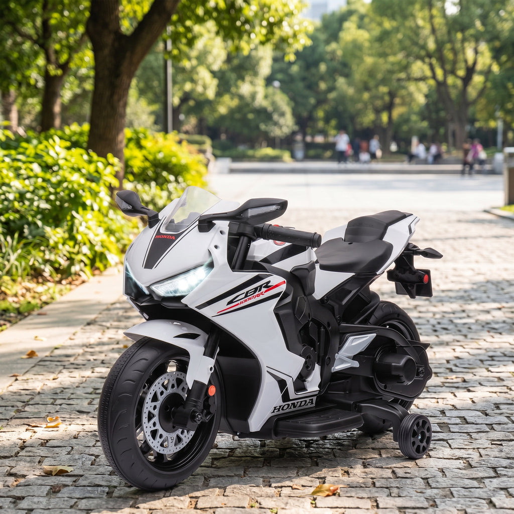 Moto Électrique Enfants sous Licence HONDA 6 V, 3 Km/h, Musique & Lumière, 2 Roues d'Entraînement, Blanc
