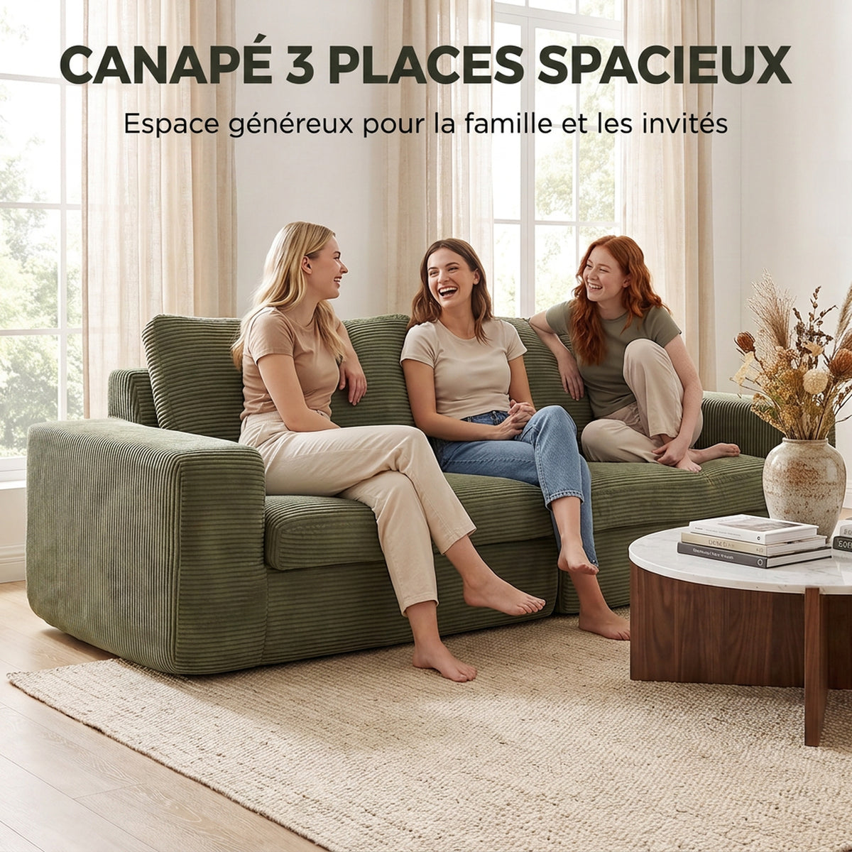 Canapé 3 Places en Velours Côtelé, Canapé de Salon Compressé Moderne 236 cm avec Coussin à Ressorts, Vert