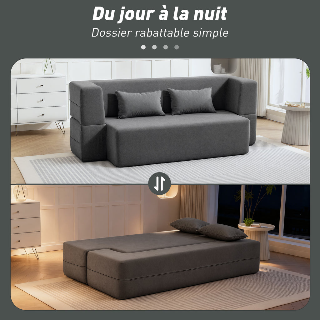 Canapé convertible 2 places, canapé-lit en chenille, assise et accoudoirs larges 2 coussins, entièrement compressé, gris-3