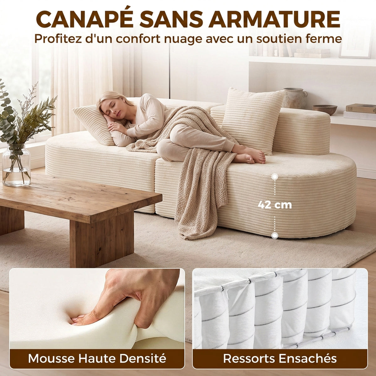 Canapé 3 Places Incurvé, Velours Côtelé 245cm, Canapé Salon, Assise Profonde, 2 Coussins, Compressé Sans Montage, Crème-5