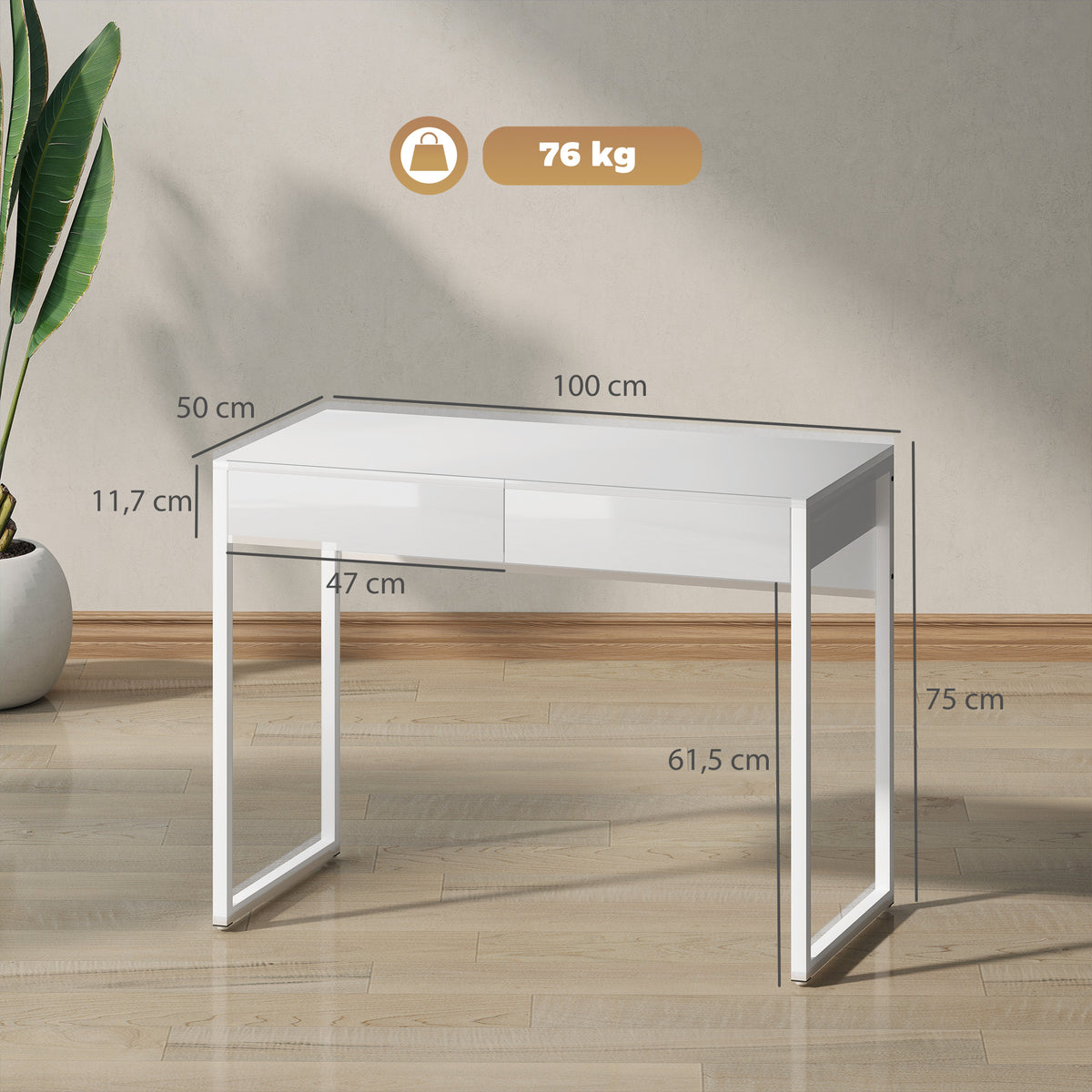 Bureau avec 2 tiroirs, table d'ordinateur 100 x 50 cm, bureau moderne pied en acier, pour petits espaces, blanc brillant-2