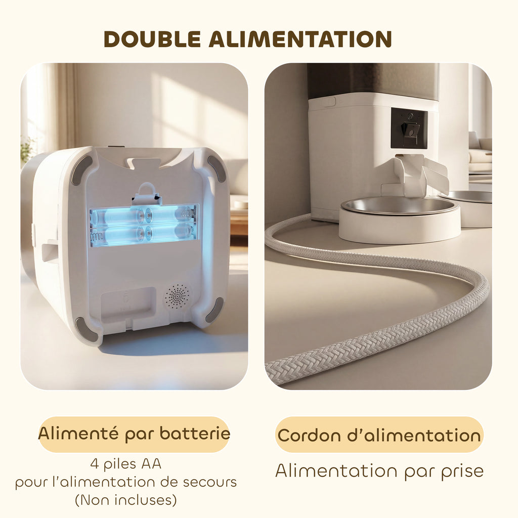 Distributeur Croquettes Chat Automatique 2 Animaux 6L Double Bol Inox WiFi Tuya App ABS 37x36x35cm Blanc-7