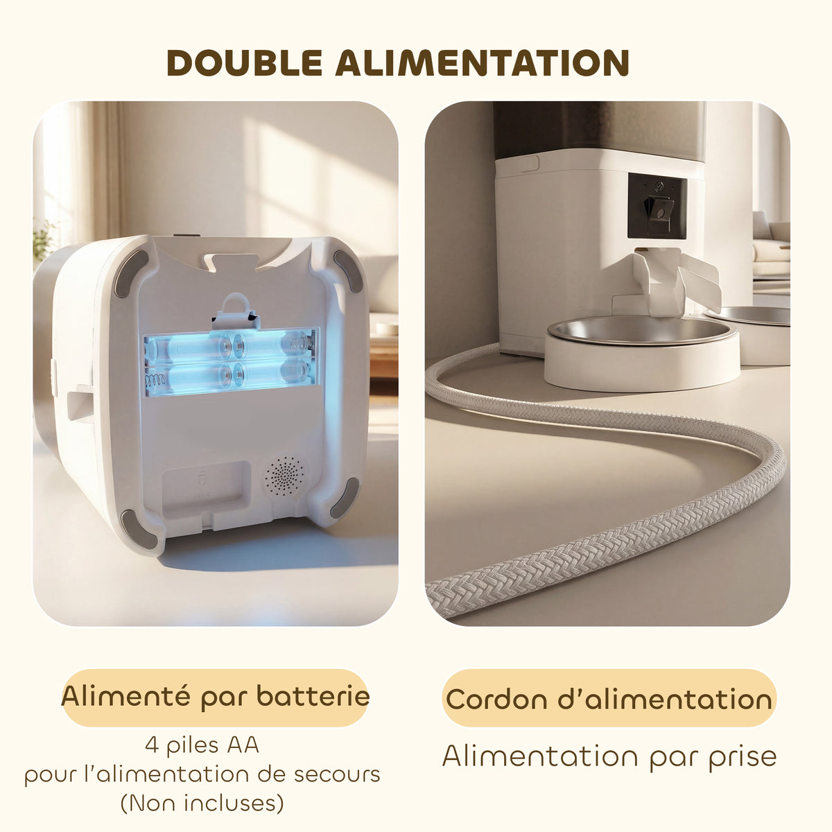 Distributeur Croquettes Chat Automatique 2 Animaux 6L Double Bol Inox WiFi Tuya App ABS 37x36x35cm Blanc-7