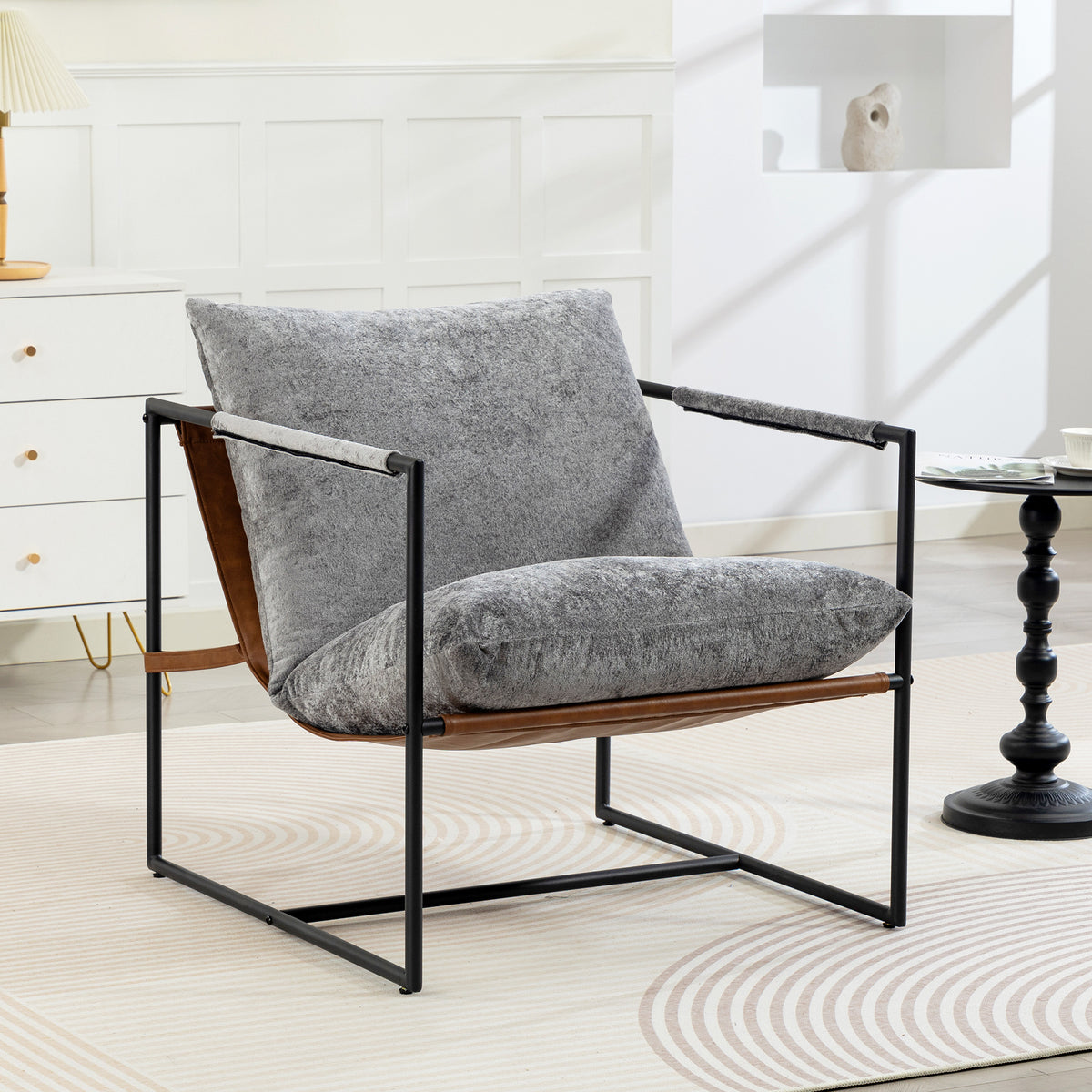 Fauteuil salon, fauteuil d'appoint rembourré en velours imprimé, large assise et structure en acier, 77x91x80cm, gris-9