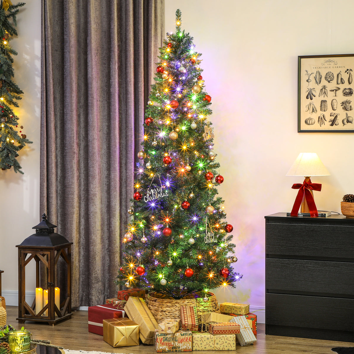 Sapin de Noël artificiel 210 cm, arbre de Noël fin avec 350 lumières, 1273 pointes, support en métal pliable, vert-1