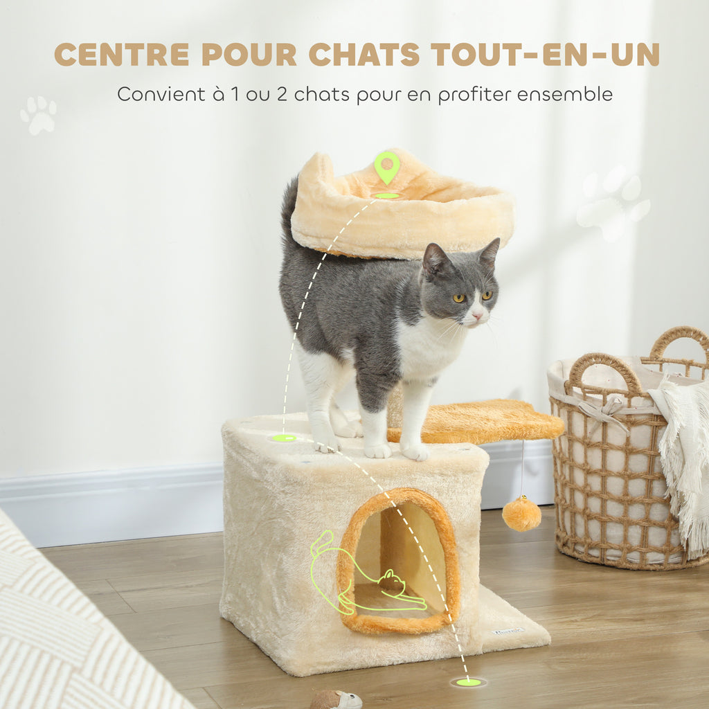Arbre à Chat 72 cm, Perchoir Doux, Plateforme en Forme de Poisson, Niche en Peluche, Poteaux en Sisal, Balle, Beige-3