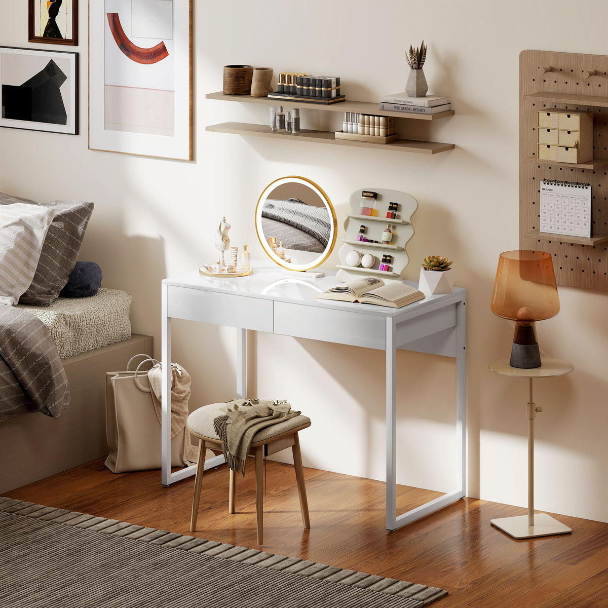 Bureau avec 2 tiroirs, table d'ordinateur 100 x 50 cm, bureau moderne pied en acier, pour petits espaces, blanc brillant-6