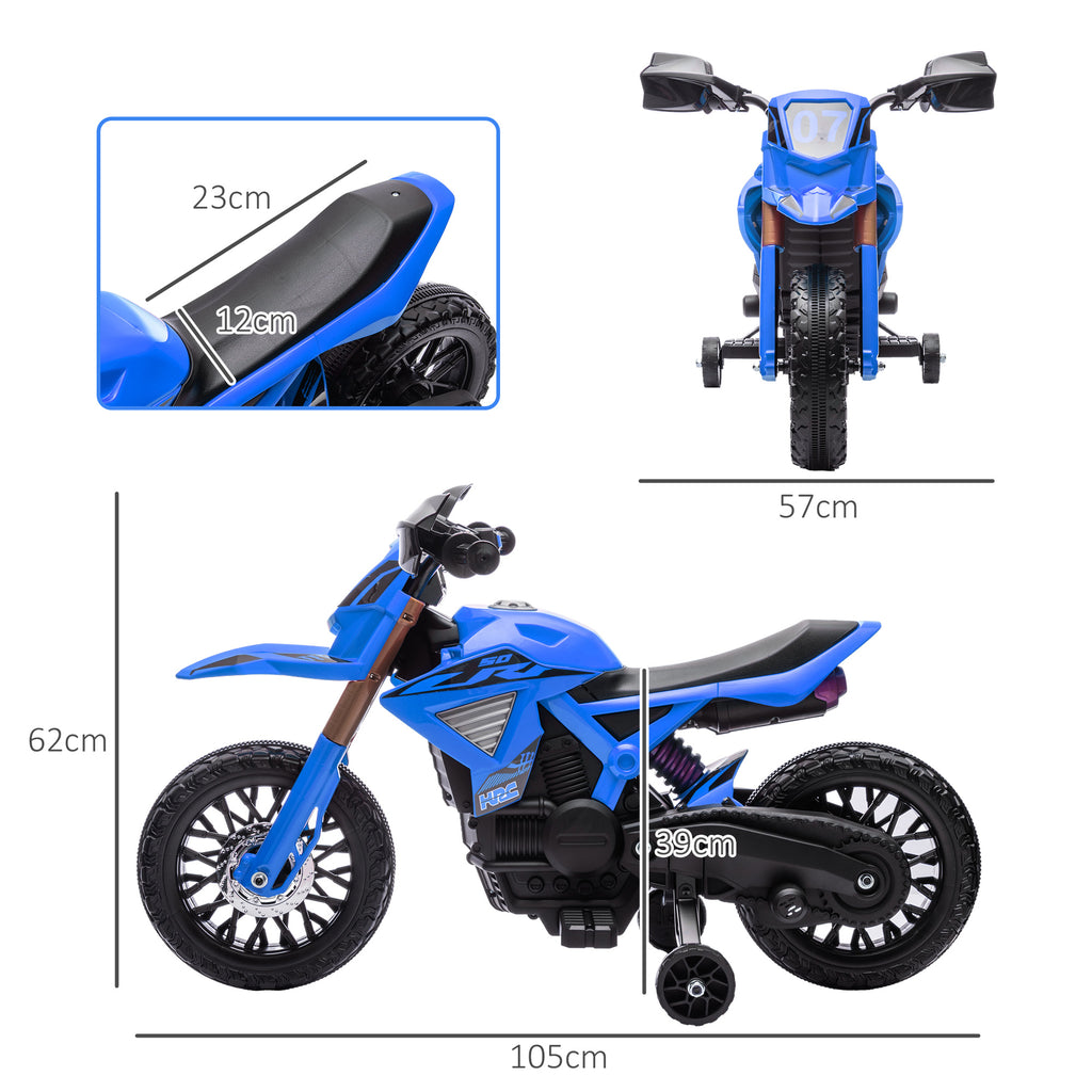 Moto cross électrique pour enfants 3-8 ans, batterie 6 V, 2 moteurs, klaxon et roues d'entraînement, charge 30KG, bleu