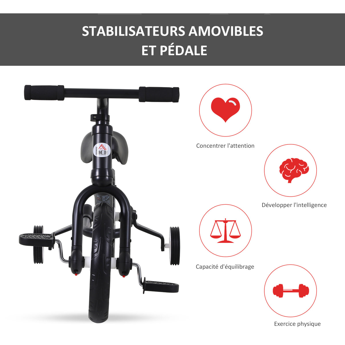 Vélo Enfant draisienne 2 en 1 roulettes et pédales Amovibles Roues 12" Hauteur Selle réglable pour enfants de 2 à 5 ans Acier Noir