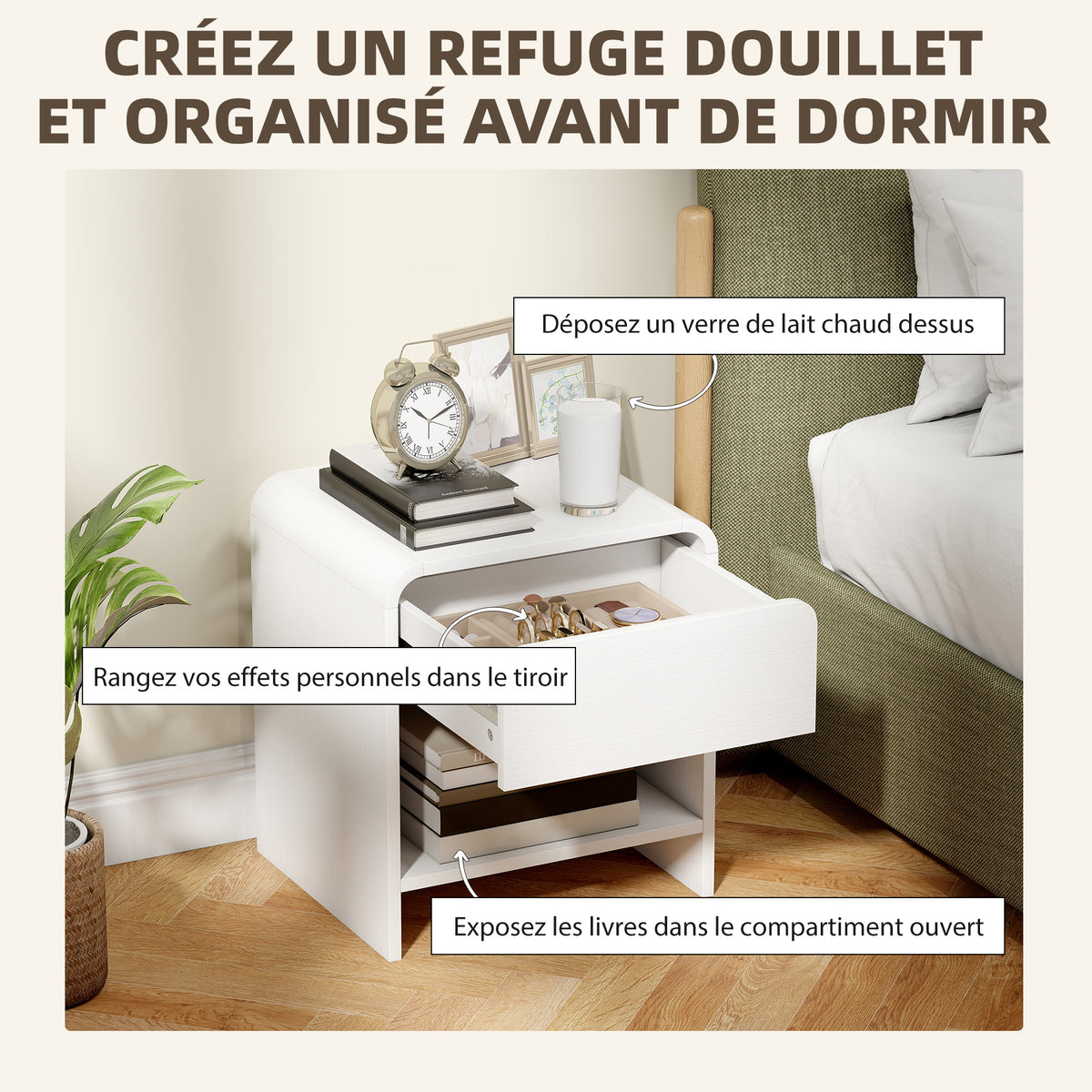 Lot de 2 tables de chevet, table d'appoint moderne avec compartiment ouvert et tiroir, 40 x 35 x 45 cm, blanc-4