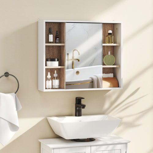 Armoire murale, meuble salle de bain avec miroir, miroir salle de bain avec rangement, placard à portes et 6 compartiments ouverts, 60 x 14,5 x 49,4 cm, blanc-1
