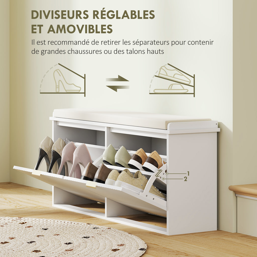 Banc à chaussures avec coussin d'assise rembourré et tiroir rabattable pour couloir, chambre, 104 x 26 x 47,5 cm, blanc-5