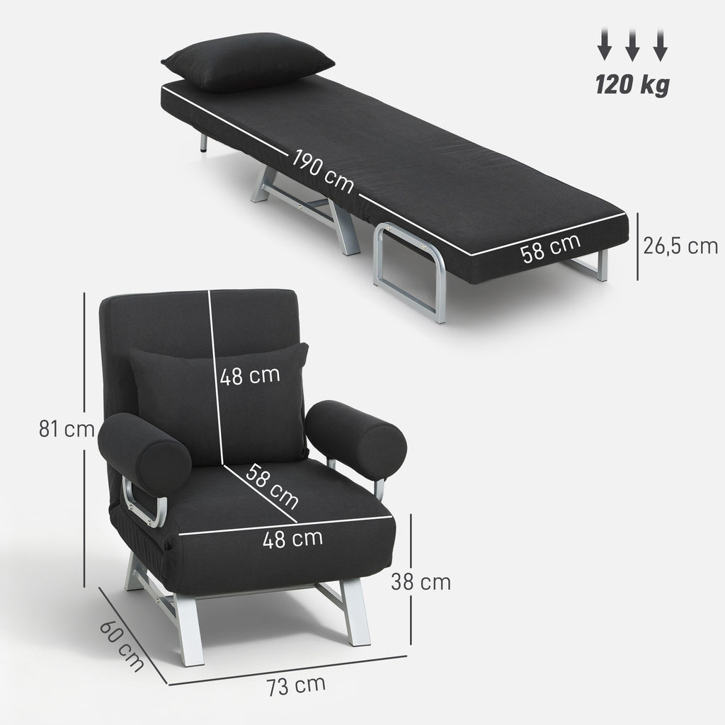 Fauteuil chauffeuse canapé-lit Convertible inclinable 1 Place Coussin lombaires accoudoirs piètement métal Lin Noir