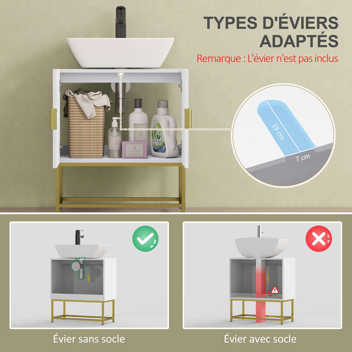 Meuble sous lavabo meuble de salle de bain avec placard double porte pieds en acier doré 60 x 30 x 65 cm blanc-3