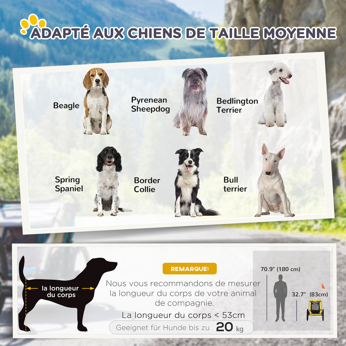 Remorque de vélo pour chien avec fenêtres en maille réflecteurs et drapeau de sécurité 140 x 71 x 83 cm jaune