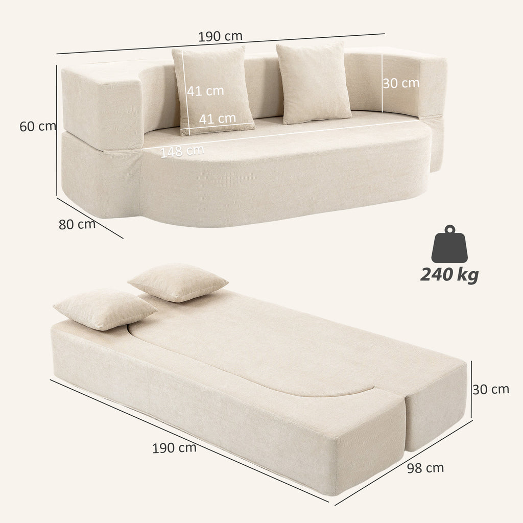 Canapé Convertible 2 Places, Canapé-Lit en Chenille 190cm, Dossier Rabattable, Assise et Accoudoirs Larges, Beige-2