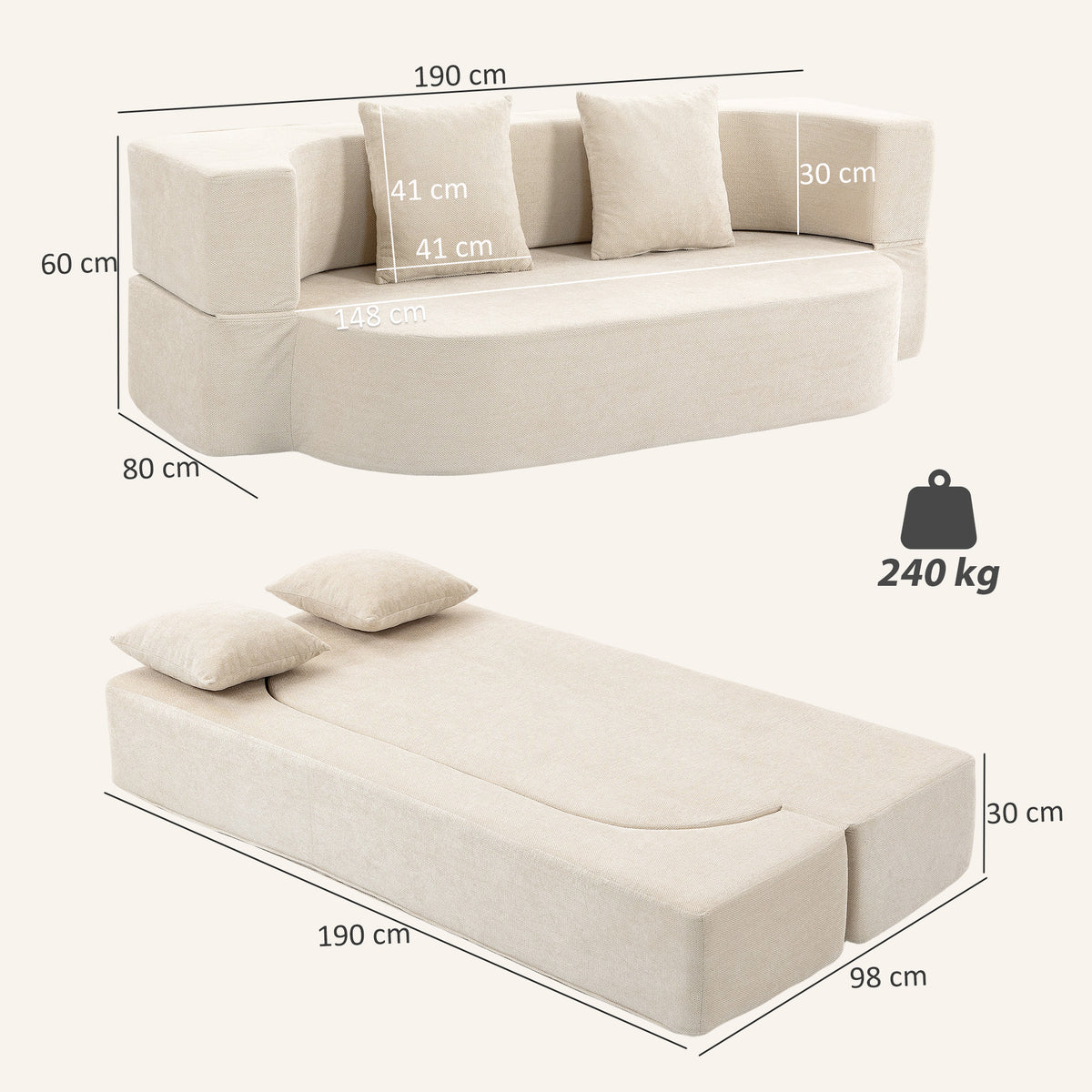 Canapé Convertible 2 Places, Canapé-Lit en Chenille 190cm, Dossier Rabattable, Assise et Accoudoirs Larges, Beige-2