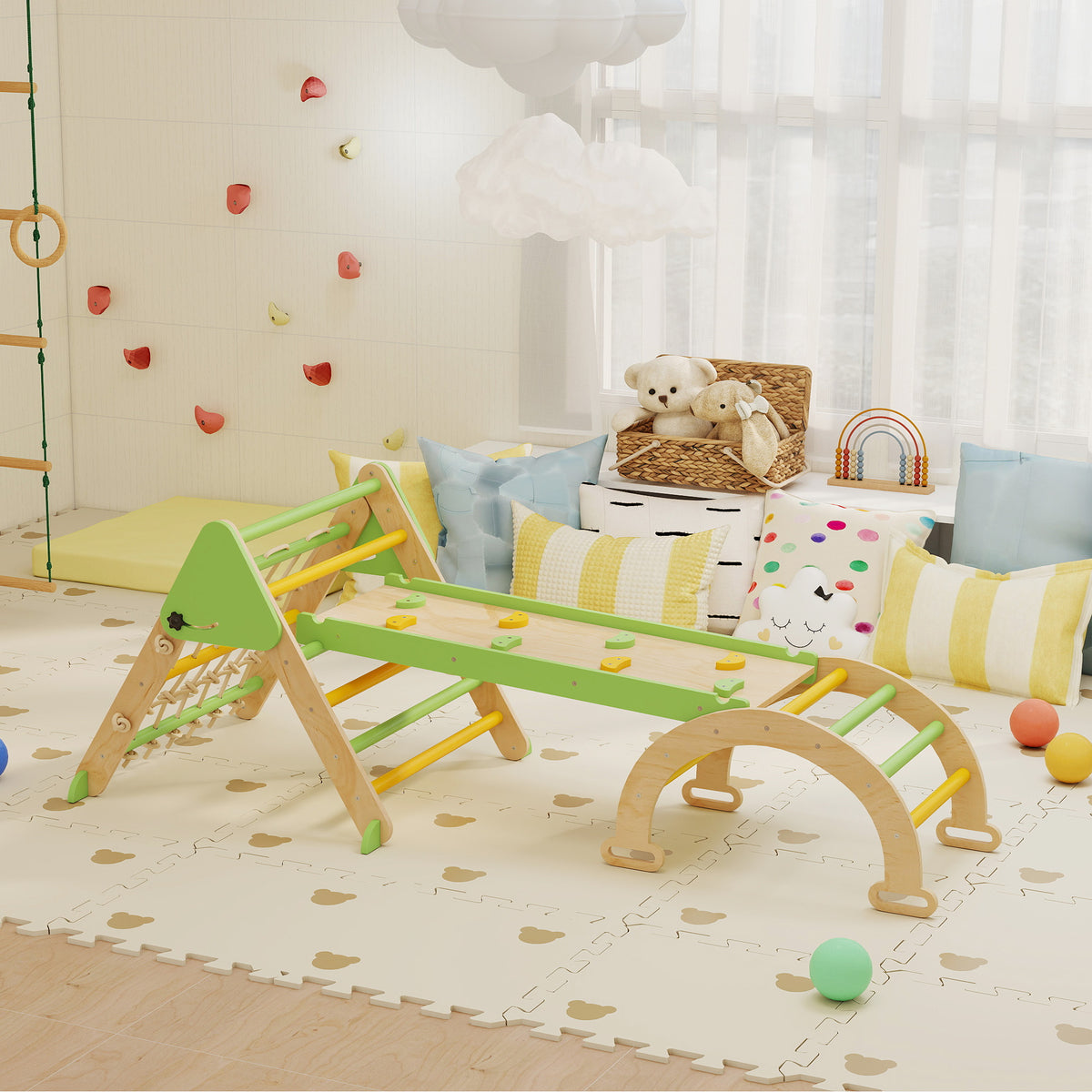 Triangle d'escalade enfants 8 en 1 avec rampe double face, arc d'escalade en bois avec toboggan & échelle, vert