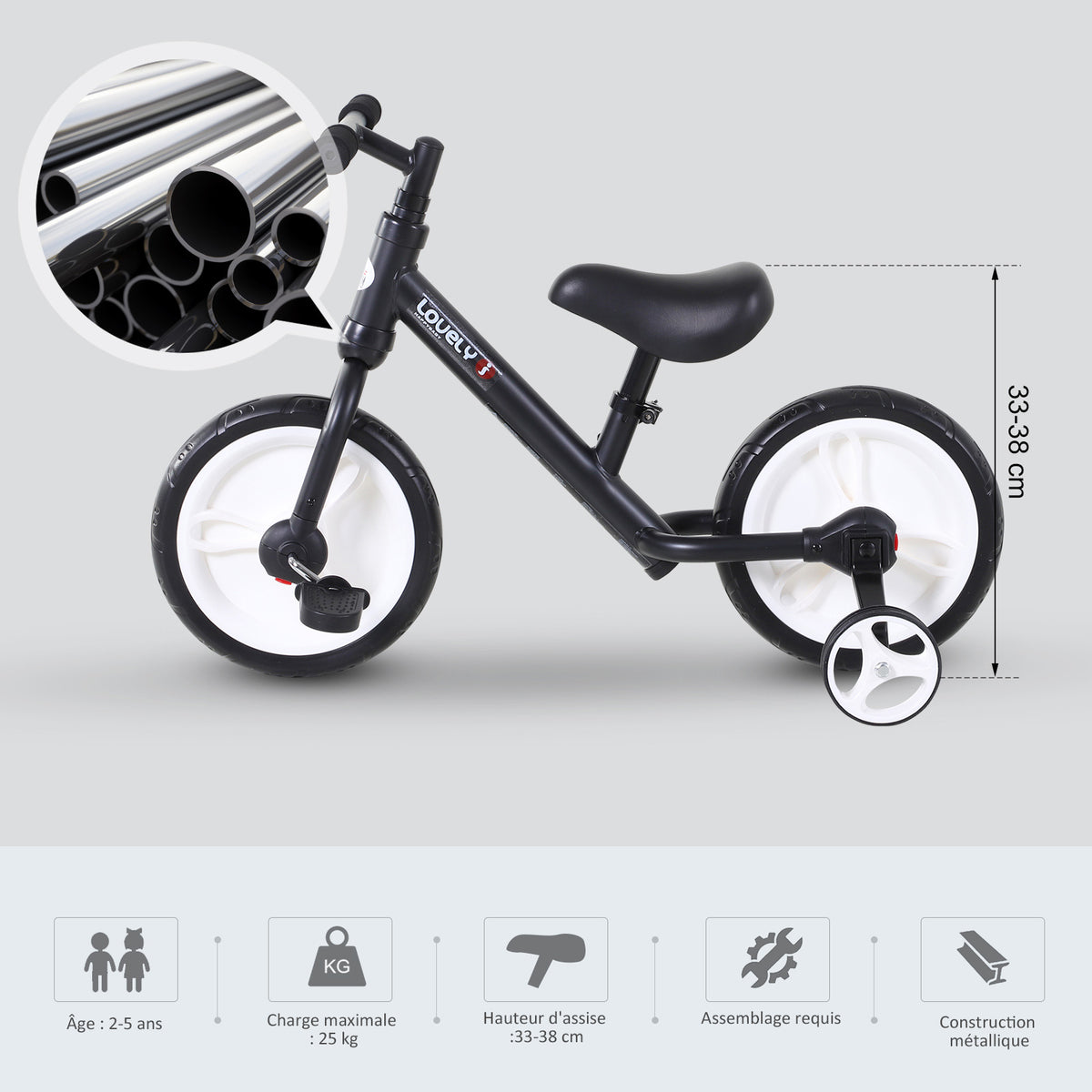 Vélo Enfant draisienne 2 en 1 roulettes et pédales Amovibles Roues 12" Hauteur Selle réglable pour enfants de 2 à 5 ans Acier Noir
