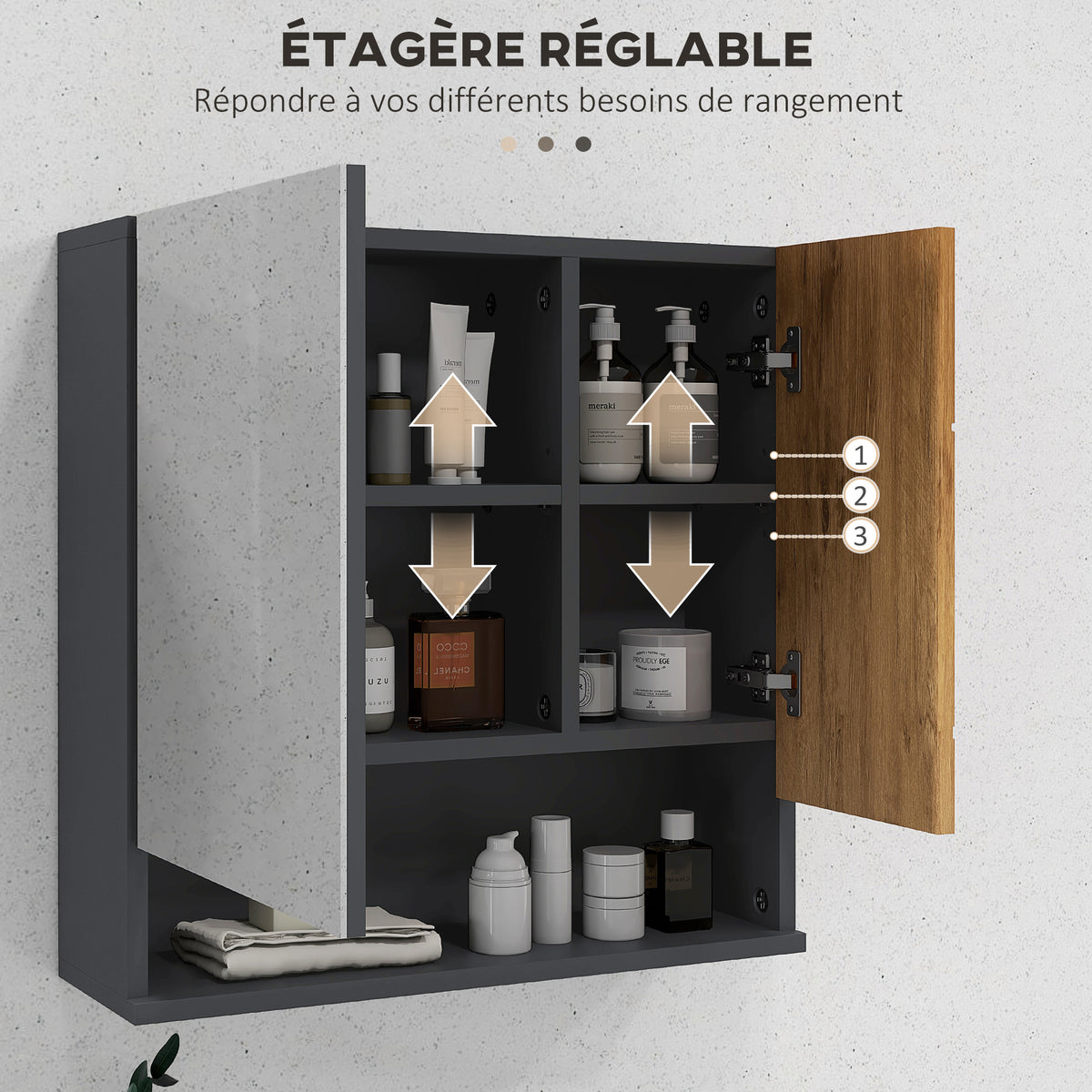 Armoire murale miroir de salle de bain placard de rangement 2 portes 55 x 17 x 55 cm naturel gris foncé-4