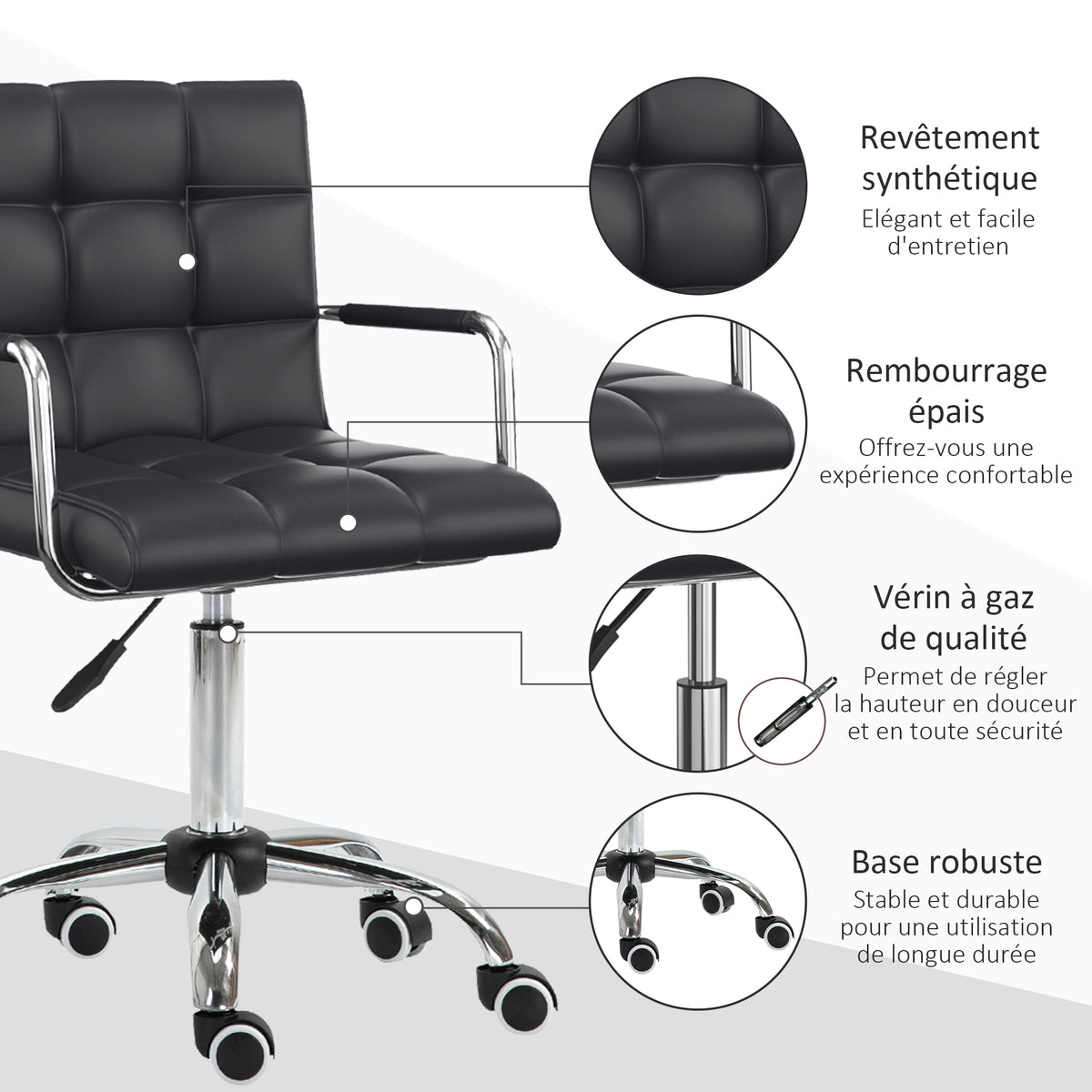 Chaise de bureau fauteuil manager pivotant hauteur réglable revêtement synthétique capitonné noir-5