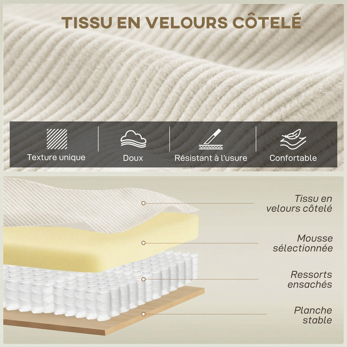 Canapé 3 places en velours côtelé 218 cm, canapé salon,  coussins à ressorts, larges accoudoirs, 2 coussins, beige