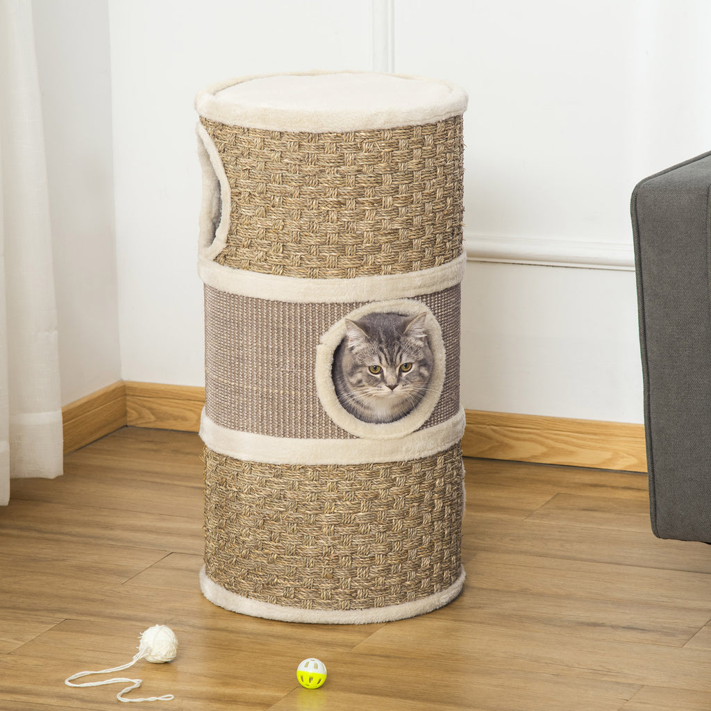 Tonneau à Gratter pour Chat, Arbre à Chat Sisal Naturel et Herbiers Marins Recouvert de Peluche, 37,5 x 37,5 x 70 cm, Kaki et Café-1