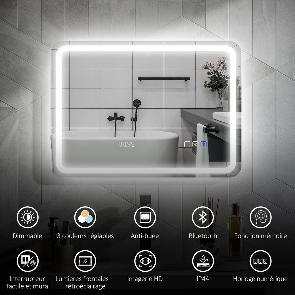 Miroir salle de bain Bluetooth avec éclairage LED 50 x 70 cm, miroir lumineux mural avec horloge, antibuée, argenté-3