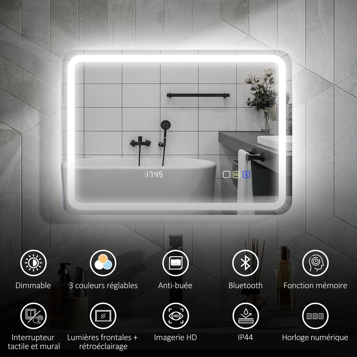 Miroir salle de bain Bluetooth avec éclairage LED 50 x 70 cm, miroir lumineux mural avec horloge, antibuée, argenté-3