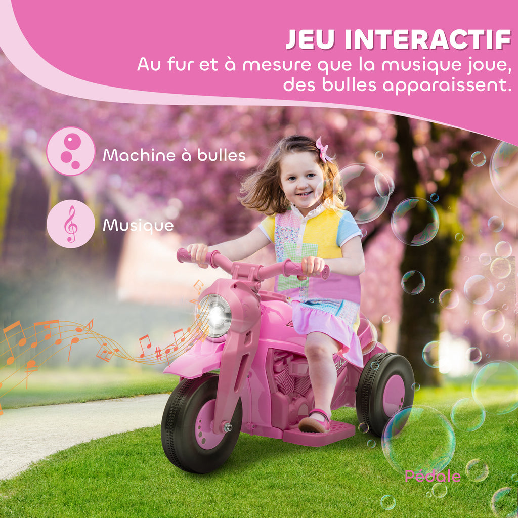 Moto électrique enfants 2-5 ans, 3 roues, 6 V, 3 km/h, avec fonction de bulles, effets lumineux et sonores, rose