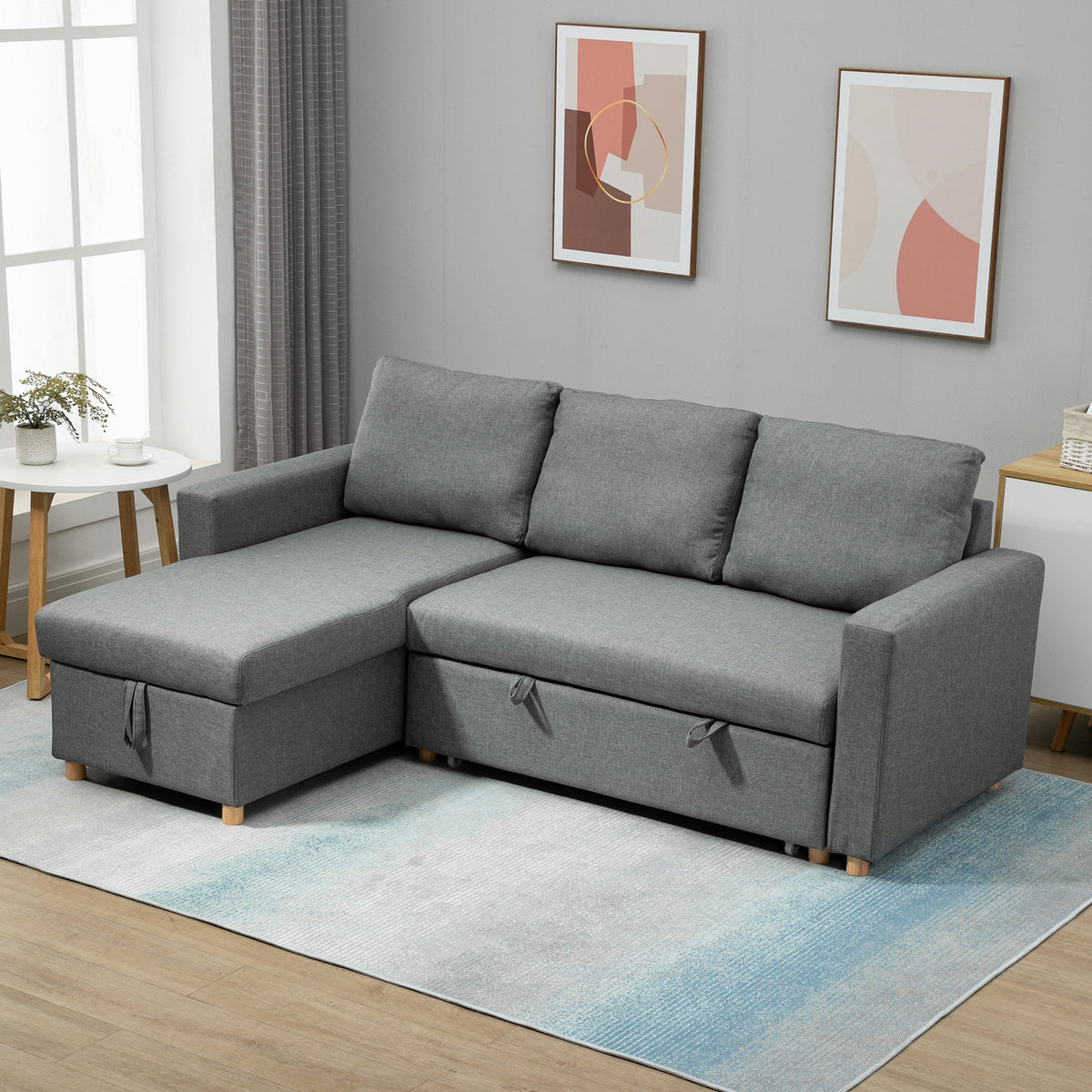 Canapé d'angle convertible canapé lit canapé 3 places modulable avec méridienne réversible, coffre de rangement intégré et 3 coussins de dossier, tissu aspect lin, gris-7