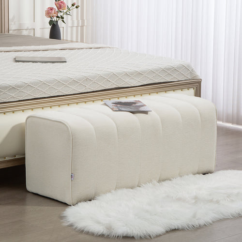 Banc bout de lit, banquette rembourrée, style moderne, ottoman en tissu aspect lin, 110 x 40 x 44 cm, crème-1