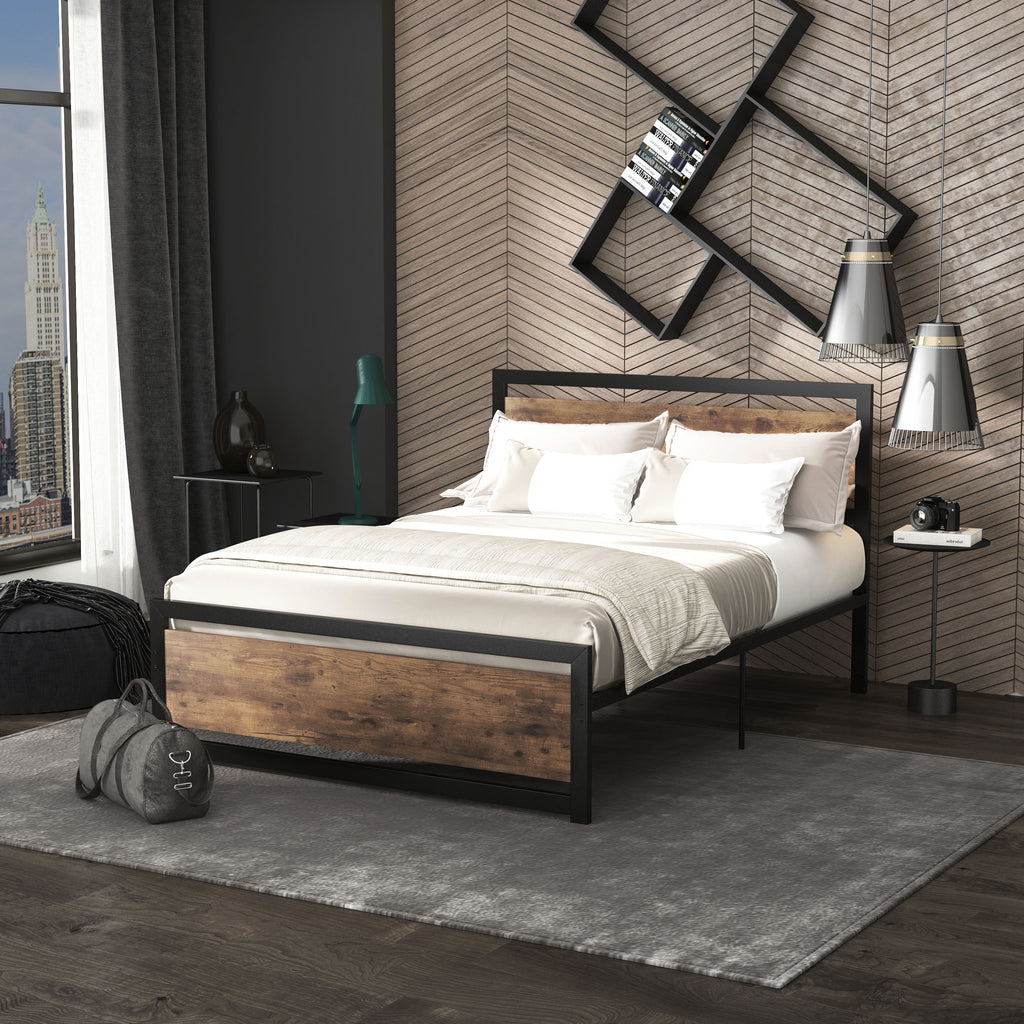 Cadre de lit double en acier avec sommier et tête de lit compatible matelas 190 x 140 cm aspect bois foncé-7
