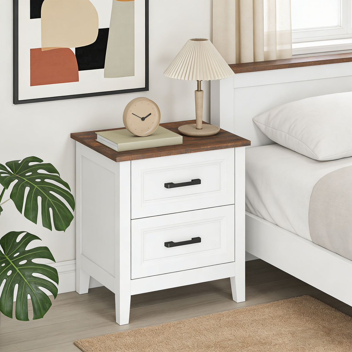 Table de chevet, table de nuit avec 2 tiroirs, plateau effet bois, style rustique, pour chambre à coucher, salon, blanc-7