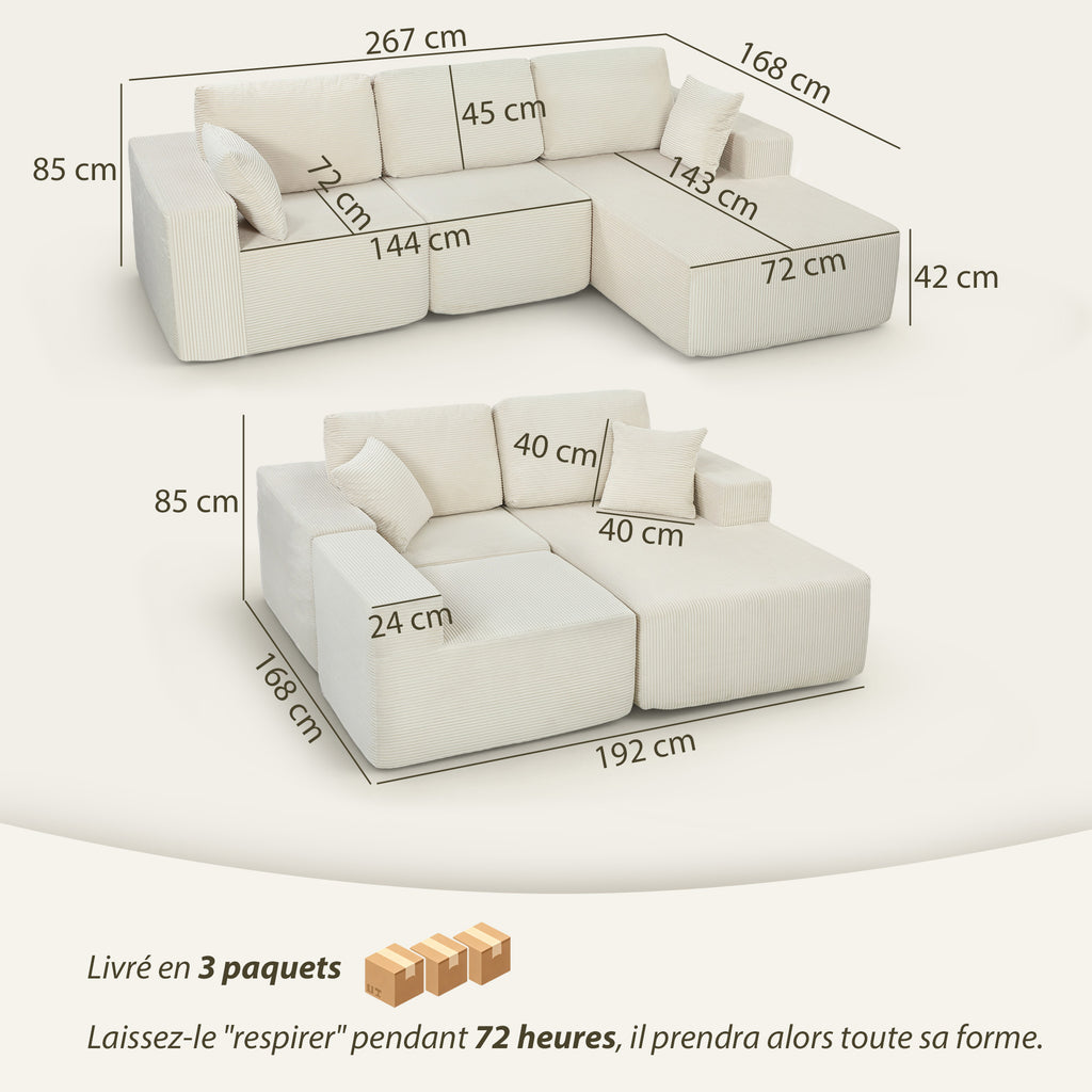 Canapé d'angle modulable 2 en 1, 267cm, canapé-lit 3 places en velours côtelé, larges assise et accoudoirs, crème-2