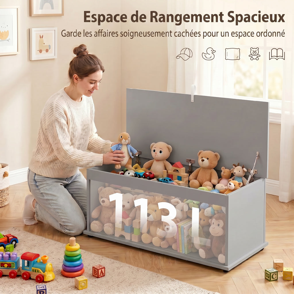 Coffre de rangement, banc de rangement avec couvercle rabattable et charnières de sécurité, 100 x 40 x 40 cm, gris-3
