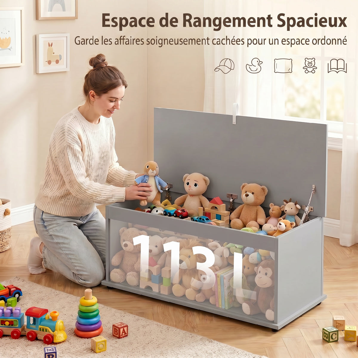 Coffre de rangement, banc de rangement avec couvercle rabattable et charnières de sécurité, 100 x 40 x 40 cm, gris-3