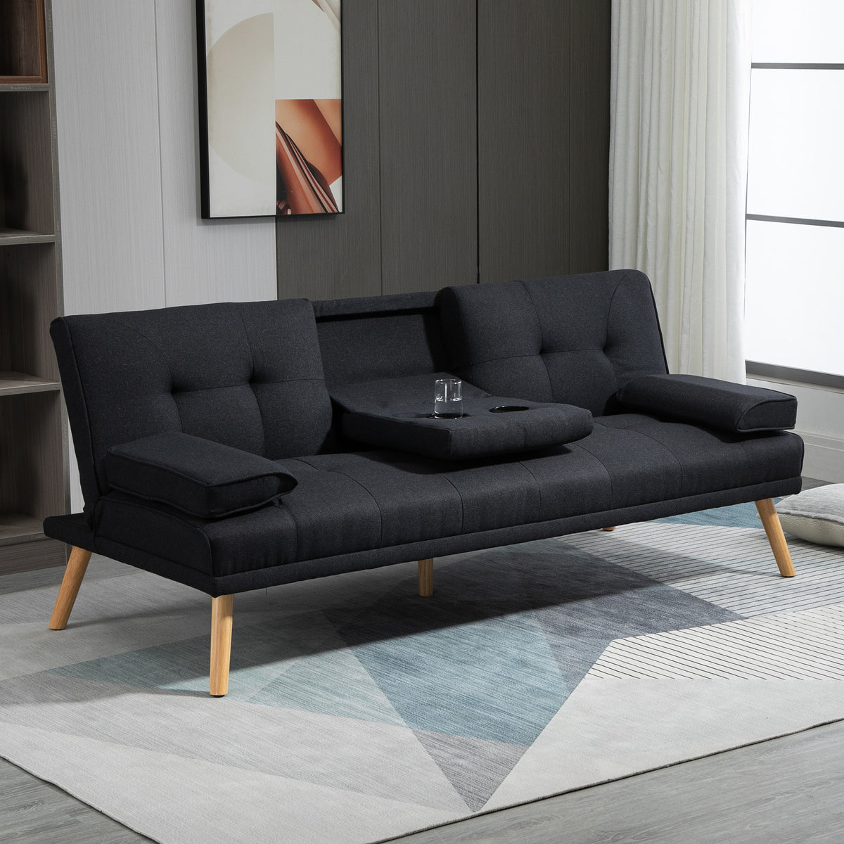 Canapé convertible 3 places, canapé-lit rembourré avec dossier réglable 3 niveaux, 2 coussins et 2 porte-gobelets intégrés, tissu de lin, pour salon, chambre d'amis, petit espace, gris-1
